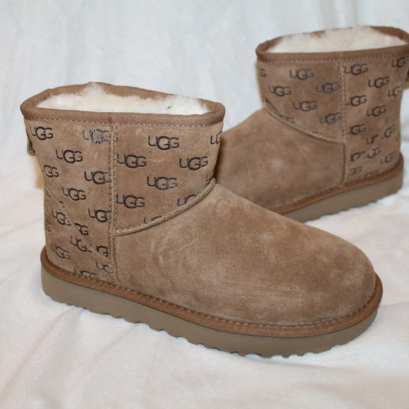 NIB UGG WOMEN'S MINI EMBOSSED SUEDE SHEARLING‎ CHESTNUT BOOTS - Picture 1 of 9
